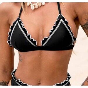 Cupshe‎ Atlantic Contrast Stitch Ruffle Bikini Bralette Womens L Black & White